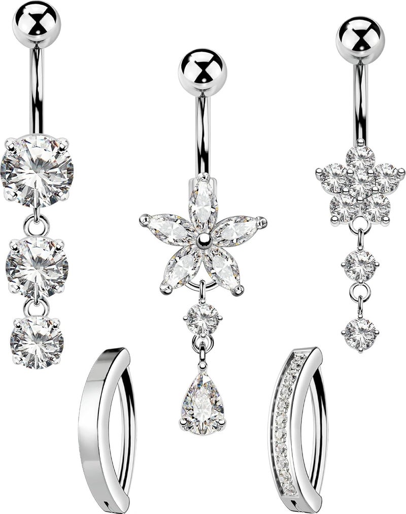 MS CUTE 5PCS Belly Button Rings for Women 14G Dangle Navel Piercing Jewelry Set Surgical Stainless Steel Body Jewelry with CZ Butterfly Flower Teardrop Barbell for Beach Festival Daily - Image 1